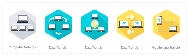Un conjunto de 5 iconos de comunicación como transferencia de datos de red de computadoras transferencia de datos móviles