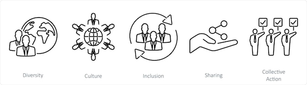 Un conjunto de 5 íconos comunitarios como inclusión cultural de diversidad