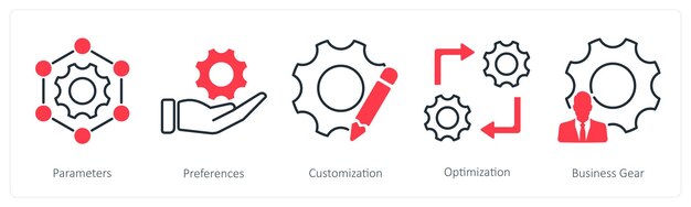 Un conjunto de 5 iconos de configuración como parámetros de personalización de preferencias