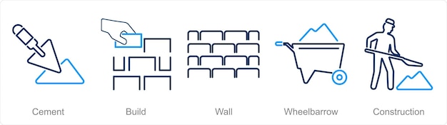 Un conjunto de 5 iconos de construcción como cemento para construir la pared