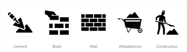 Un conjunto de 5 iconos de construcción como cemento para construir la pared