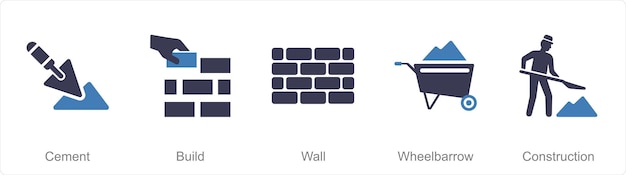 Un conjunto de 5 iconos de construcción como cemento para construir la pared
