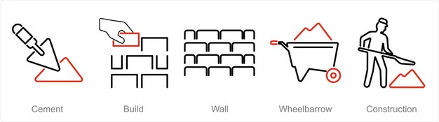 Un conjunto de 5 iconos de construcción como cemento para construir la pared