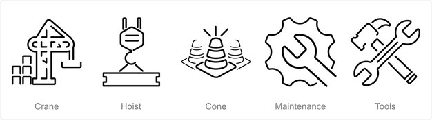 Un conjunto de 5 íconos de construcción como cono de elevación de grúa