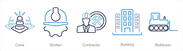 Un conjunto de 5 íconos de construcción como contratista trabajador de cono