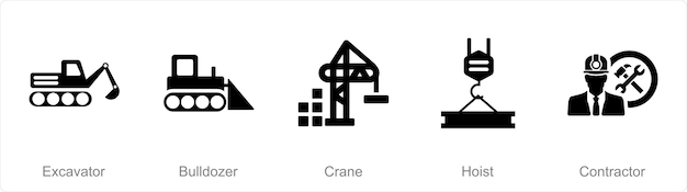 Un conjunto de 5 íconos de construcción como excavadora grúa excavador