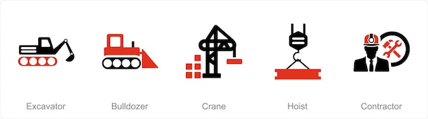 Un conjunto de 5 íconos de construcción como excavadora grúa excavador