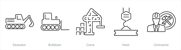 Un conjunto de 5 íconos de construcción como excavadora grúa excavador