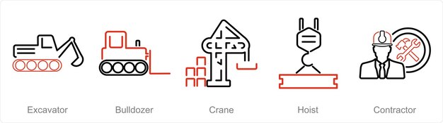 Un conjunto de 5 íconos de construcción como excavadora grúa excavador
