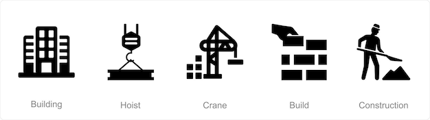 Un conjunto de 5 íconos de construcción como grúa de elevación de construcción