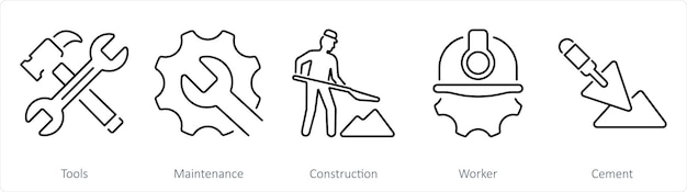 Un conjunto de 5 íconos de construcción como herramientas de construcción de mantenimiento