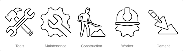 Un conjunto de 5 íconos de construcción como herramientas de construcción de mantenimiento