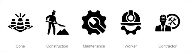 Un conjunto de 5 iconos de construcción como mantenimiento de la construcción del cono