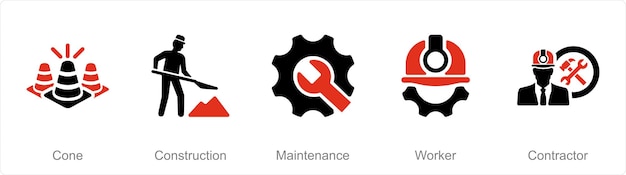 Un conjunto de 5 iconos de construcción como mantenimiento de la construcción del cono