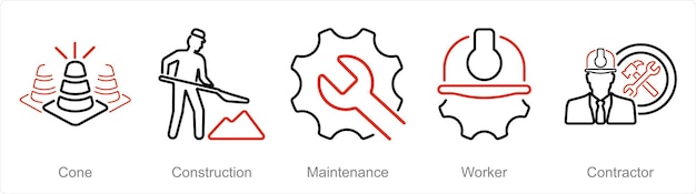 Un conjunto de 5 iconos de construcción como mantenimiento de la construcción del cono