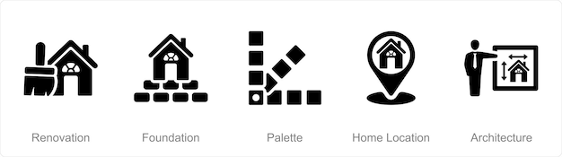 Un conjunto de 5 iconos de construcción como paleta de cimientos de renovación