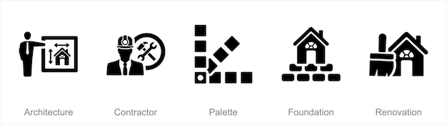 Un conjunto de 5 íconos de construcción como paleta de contratista de arquitectura