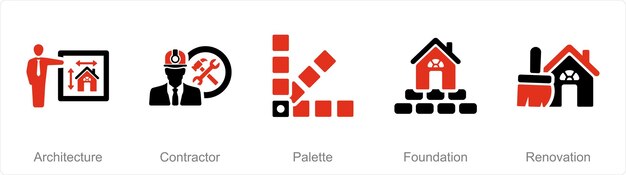 Un conjunto de 5 iconos de construcción como paleta de contratista de arquitectura