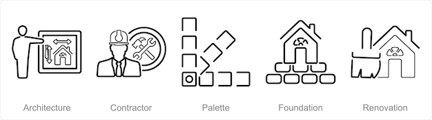 Un conjunto de 5 iconos de construcción como paleta de contratista de arquitectura
