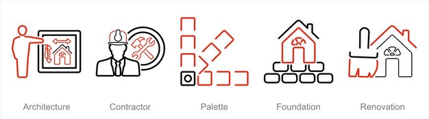 Un conjunto de 5 iconos de construcción como paleta de contratista de arquitectura