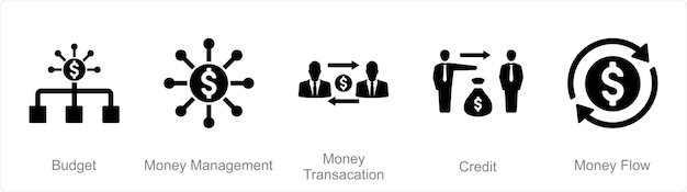 Un conjunto de 5 iconos contables como gestión de dinero presupuestario transacción de dinero