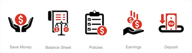 Un conjunto de 5 iconos contables como políticas de balance de ahorro de dinero