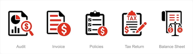 Un conjunto de 5 iconos contables como políticas de ingresos de auditoría