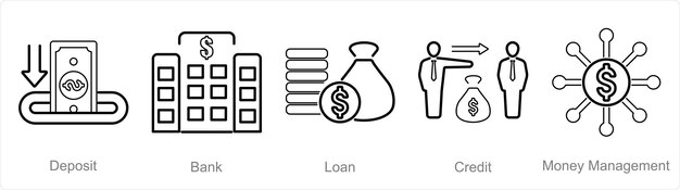 Un conjunto de 5 iconos contables como préstamo bancario de depósito