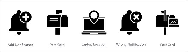 Un conjunto de 5 iconos de contacto como agregar notificación tarjeta postal ubicación de la computadora portátil