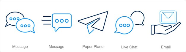 Un conjunto de 5 iconos de contacto como avión de papel de mensaje chat en vivo