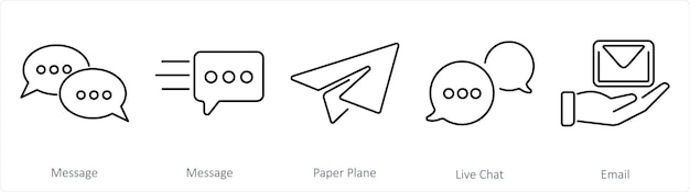 Un conjunto de 5 iconos de contacto como avión de papel de mensaje chat en vivo