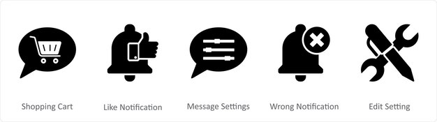 Un conjunto de 5 iconos de contacto como carrito de compras como configuraciones de mensajes de notificación