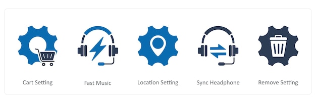 Un conjunto de 5 iconos de contacto como configuración de carrito configuración de ubicación de música rápida