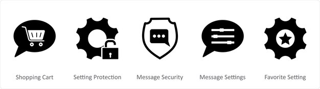 Un conjunto de 5 iconos de contacto como configuración de la cesta de compras protección de mensajes de seguridad