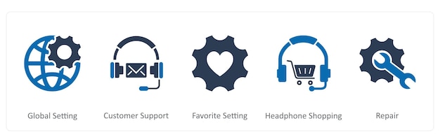 Un conjunto de 5 iconos de contacto como configuración global configuración favorita de soporte al cliente