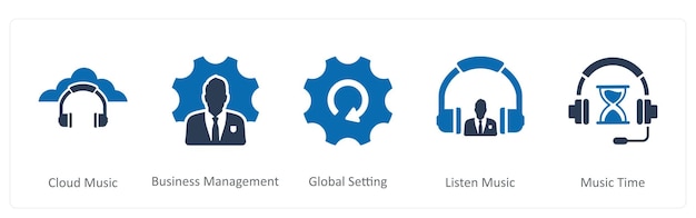 Un conjunto de 5 iconos de contacto como configuración global de gestión de negocios de música en la nube