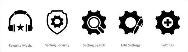 Un conjunto de 5 iconos de contacto como configuración de música favorita búsqueda de configuración de seguridad