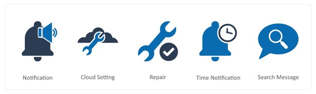Un conjunto de 5 iconos de contacto como configuración de nube de notificación de reparación
