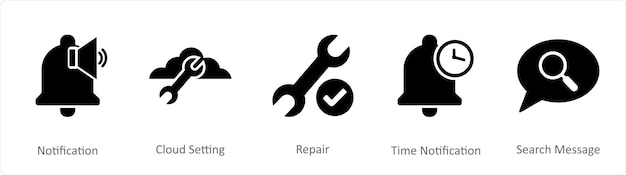 Un conjunto de 5 iconos de contacto como configuración de nube de notificación de reparación