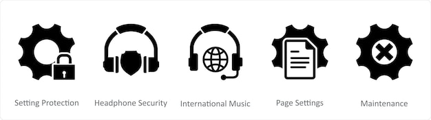 Un conjunto de 5 iconos de contacto como la configuración de protección auriculares seguridad música internacional