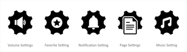 Un conjunto de 5 iconos de contacto como configuraciones de volumen configuración favorita configuración de notificación