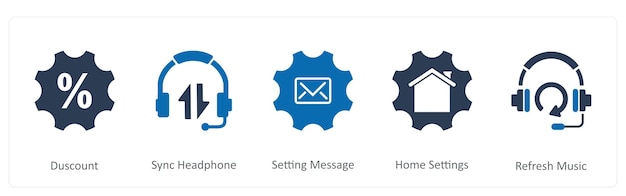 Un conjunto de 5 iconos de contacto como mensaje de configuración de auriculares de sincronización de descuento