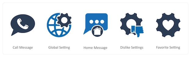 Un conjunto de 5 iconos de contacto como mensaje de llamada configuración global mensaje de inicio