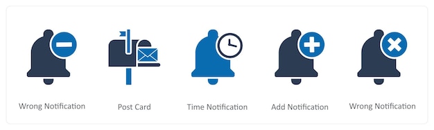 Un conjunto de 5 iconos de contacto como notificación incorrecta notificación de tiempo de tarjeta postal