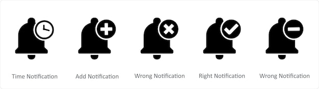 Un conjunto de 5 iconos de contacto como notificación de tiempo añadir notificación notificación incorrecta
