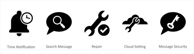 Un conjunto de 5 iconos de contacto como notificación de tiempo de búsqueda de reparación de mensajes