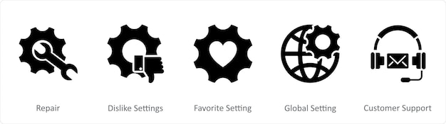 Un conjunto de 5 iconos de contacto como reparación no me gustan las configuraciones configuración favorita