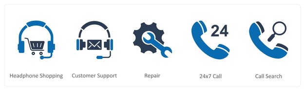 Un conjunto de 5 iconos de contacto como reparación de soporte al cliente de compras de auriculares