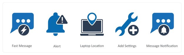 Un conjunto de 5 iconos de contacto como ubicación de la computadora portátil de alerta de mensaje rápido
