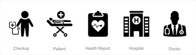 Un conjunto de 5 iconos de control de salud como informe de salud del paciente de control